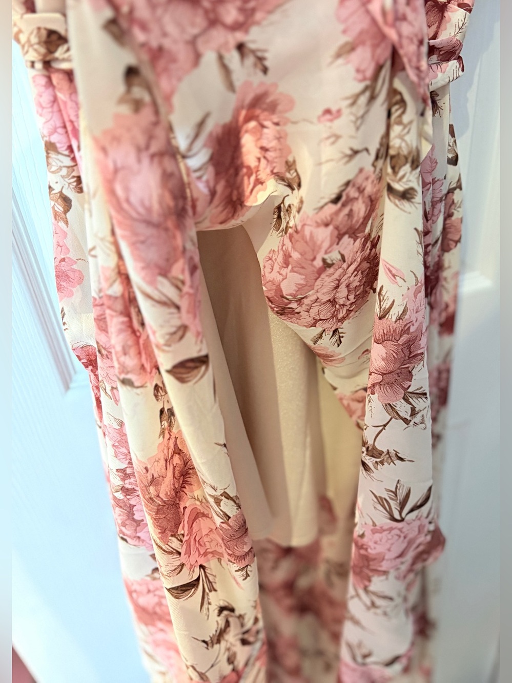 High-Low V-neck Floral Chiffon Extra Long Formal Dress with Tie Bow Belt in Pink - Picture 5 of 8